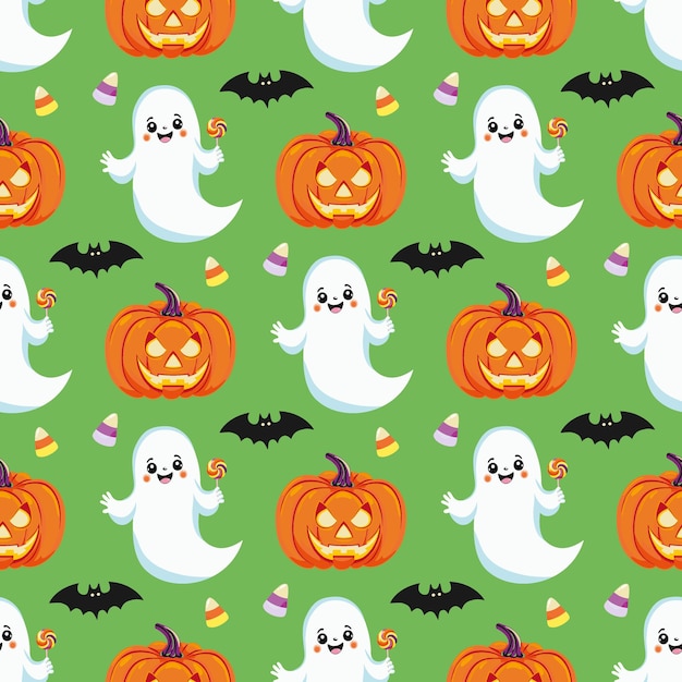 Halloween background with cute ghost candy jack o lantern bat Seamless childrens pattern For wallpaper gift paper fabric holiday decoration greeting cards Vector illustration