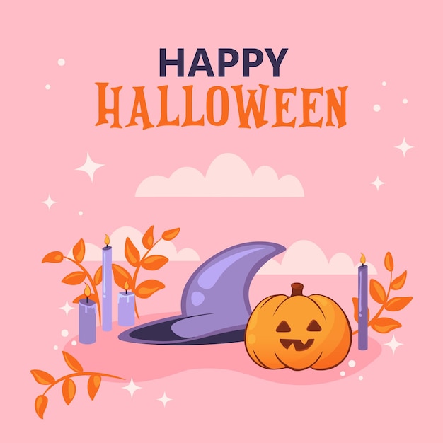 Halloween background with cute Halloween pumpkin. Pink Happy Halloween holiday greeting postcard.