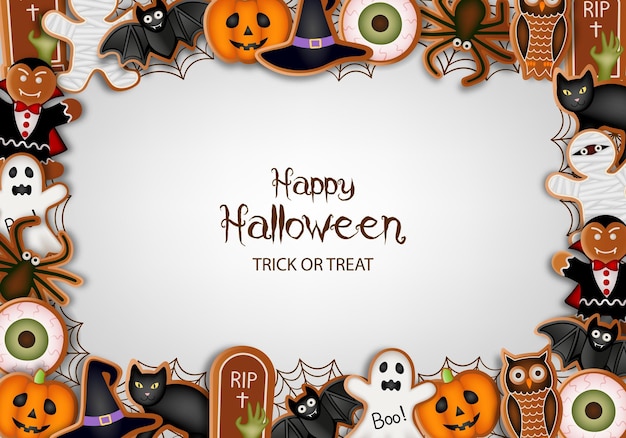 halloween background with gingerbread cookies. halloween frame with cookies