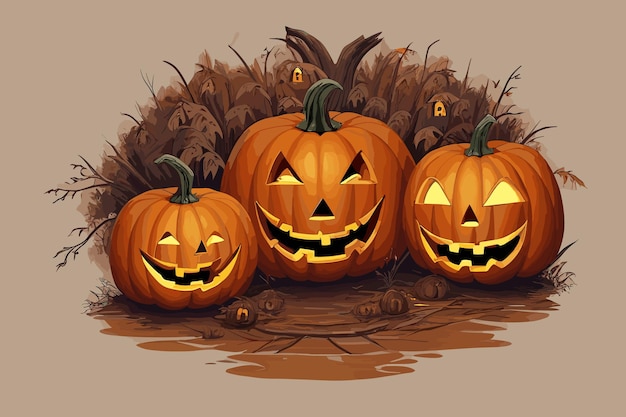 Halloween background with glowing pumpkin heads and candles High detailed realistic illustration