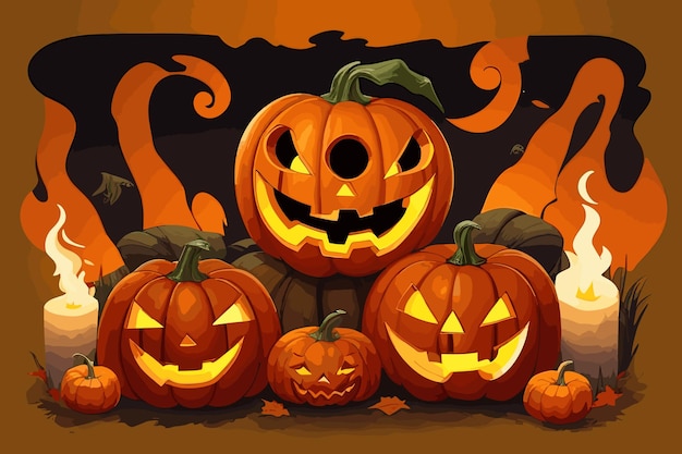 Halloween background with glowing pumpkin heads and candles High detailed realistic illustration