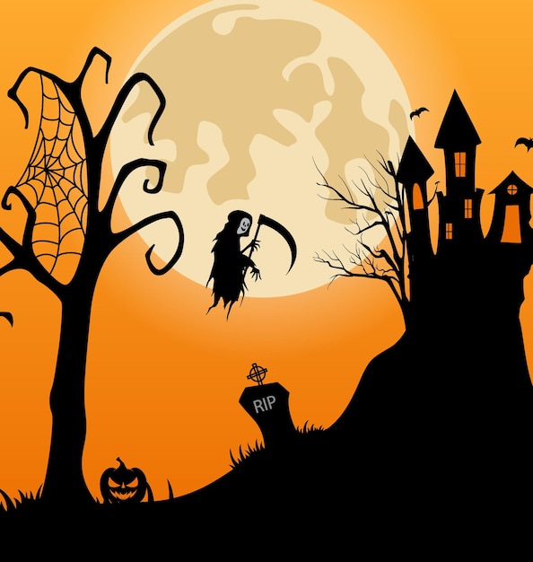 Halloween background with haunted castle in the full moon