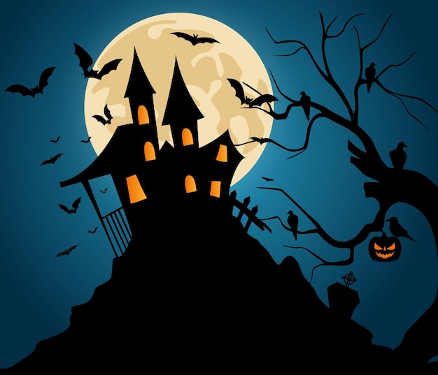 Halloween background with haunted castle in the full moon