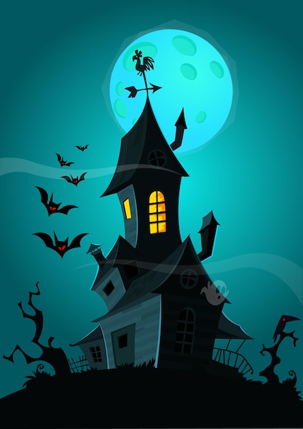 Halloween background with haunted house bats and full moon