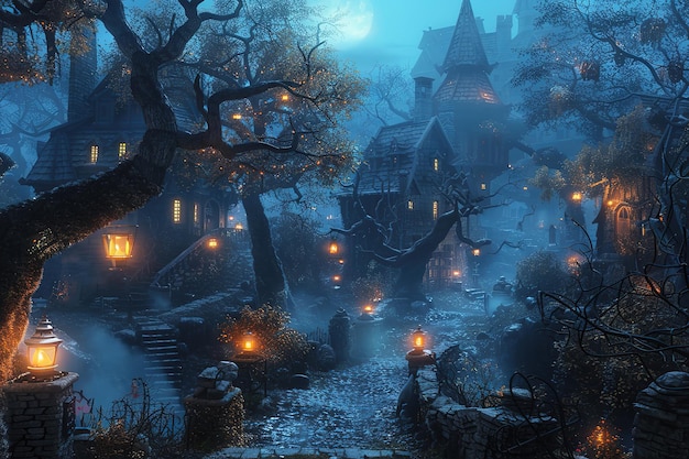 halloween background with haunted house castle cemetery graveyard scary spooky horror scene