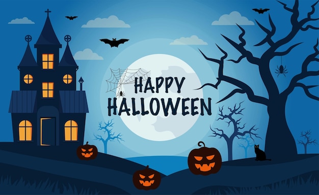 Halloween background with haunted house full moon pumpkins and trees bats and spiders Vector