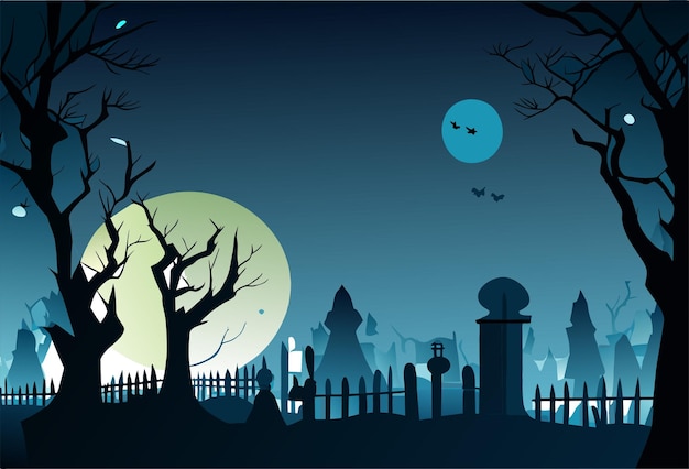 Vector halloween background with old cemetery gravestones spooky leafless trees