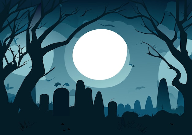 halloween background with old cemetery gravestones spooky leafless trees