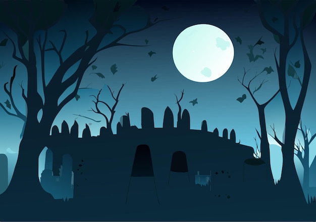 Vector halloween background with old cemetery gravestones spooky leafless trees