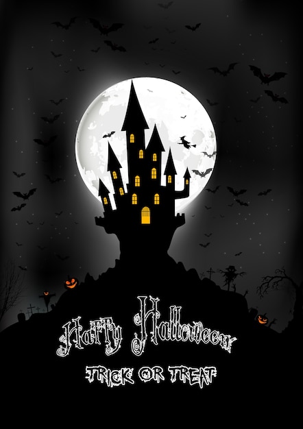 Halloween background with scary house on the full moon