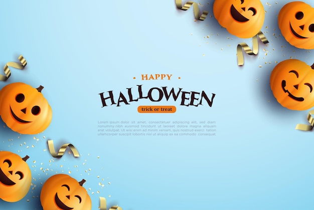 Halloween background with six pumpkins and silver ribbon