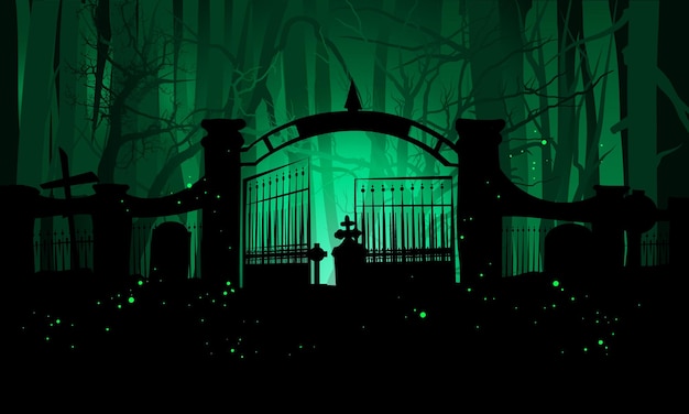 Halloween background with spooky old graveyard, scary forest, halloween template