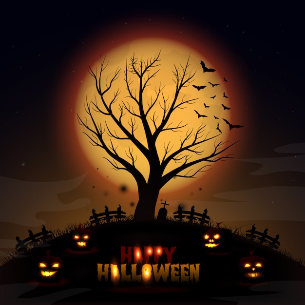 Vector halloween background with tree and pumpkin