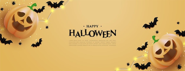 Halloween background with two 3d pumpkins and black bats