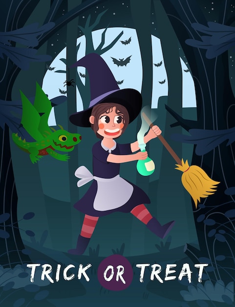 halloween background with witch girl in the forest at night