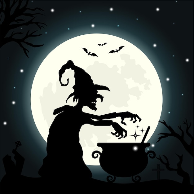 Halloween background with witch, pumpkin and cauldron