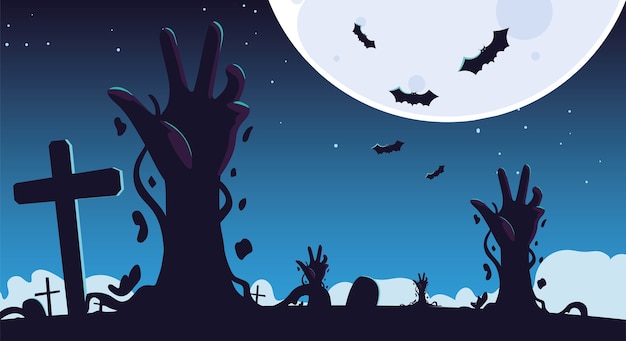 Halloween background with zombie hands on cemetery and full moon