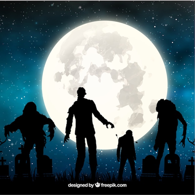 Halloween background with zombies and full moon