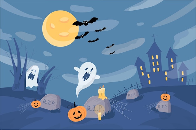 Halloween banner cemetery with gravestones ghosts pumpkins bats and full moon at old castle backgrou...