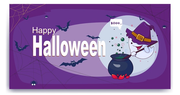 Halloween banner design with ghost witch cooking spell