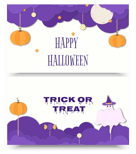 halloween banner or party invitation background with night clouds and pumpkins in paper cut style.