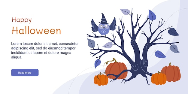 Halloween banner. Scary tree with branches, an owl and pumpkins isolated on a white background.