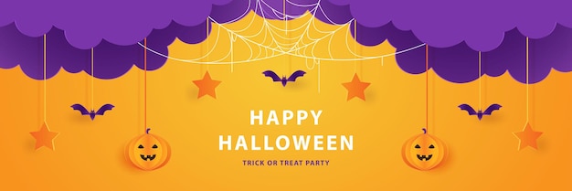 Halloween banner template paper cut style with hanging ornament layout design background vector