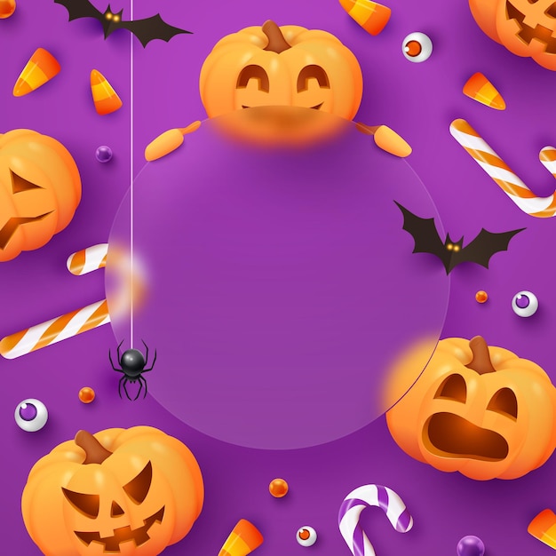 Halloween banner with candies spiders bats and pumpkins on violet background Glassmorphism effect