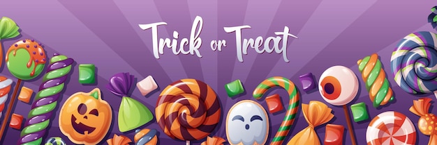 Halloween banner with cartoon holiday sweets and candies Creepy dessert on Halloween party