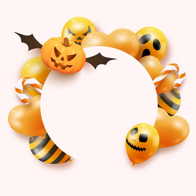 Halloween banner with flying pumpkin candies and ghost balloons on white background