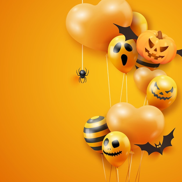 Halloween banner with flying pumpkins bat spider and ghost balloons on orange background Halloween