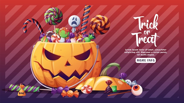 Halloween banner with orange pumpkin and sweets Trick or treat Web banner poster advertising