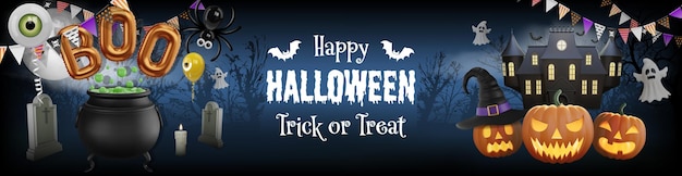 Vector halloween banner with party balloons and witch cauldron halloween flyer with pumpkins and haunted