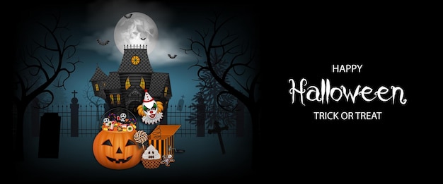 halloween banner with pumpkin bucket on scary landscape