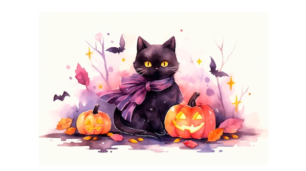 Halloween banner with pumpkins and black cat illustration