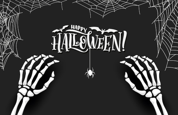 Vector halloween banner with skeleton hands and spider