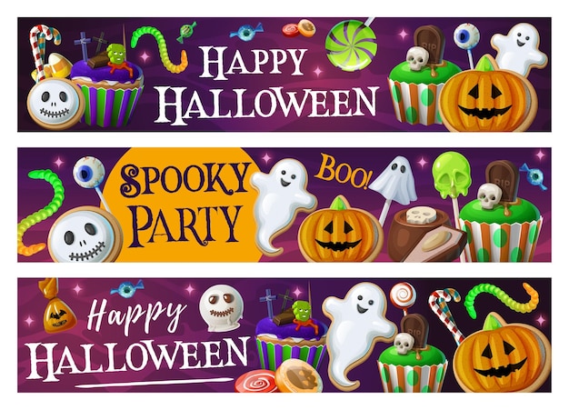 Halloween banner with sweets dessert and cookies