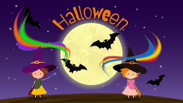 Halloween banner with two witches with magic wands and bats on background of moon dark blue background with stars Vector