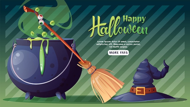 Halloween banner with witch's cauldron, broom and hat. Happy Halloween. Web banner, poster