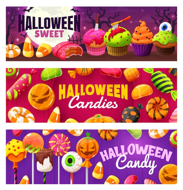 Halloween banners with cartoon holiday sweets