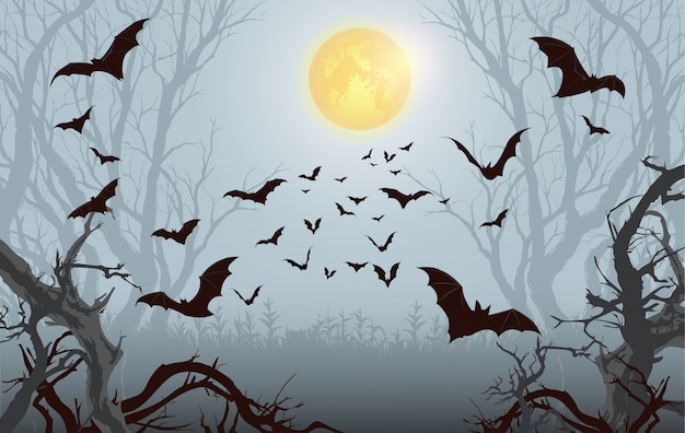 Halloween  Bat,Halloween background.Spooky forest with full moon and bats flying