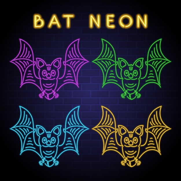 Halloween bat icon set with neon light glowing element