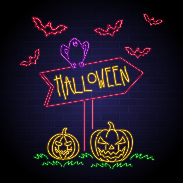 Halloween bat and pumpkin with neon light glowing illustration