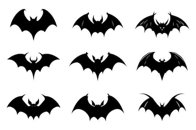 Halloween bat silhouette collection isolated Spooky black horror bat graphic Vector illustration