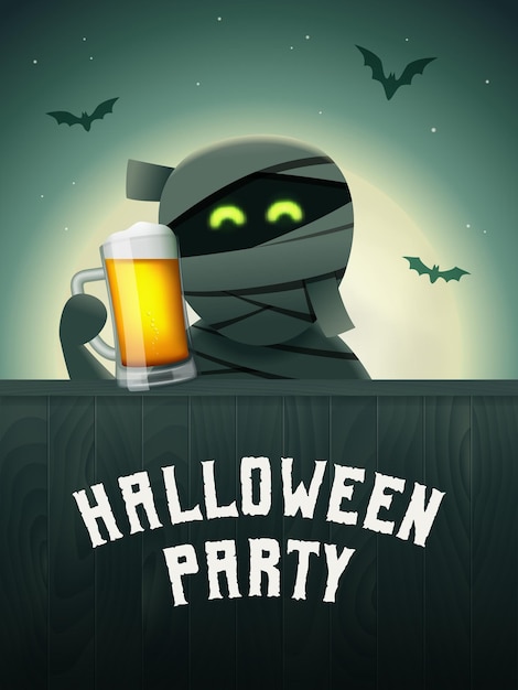 Halloween beer poster Mummy with beer mug in hand Scary background with moon and flying bats