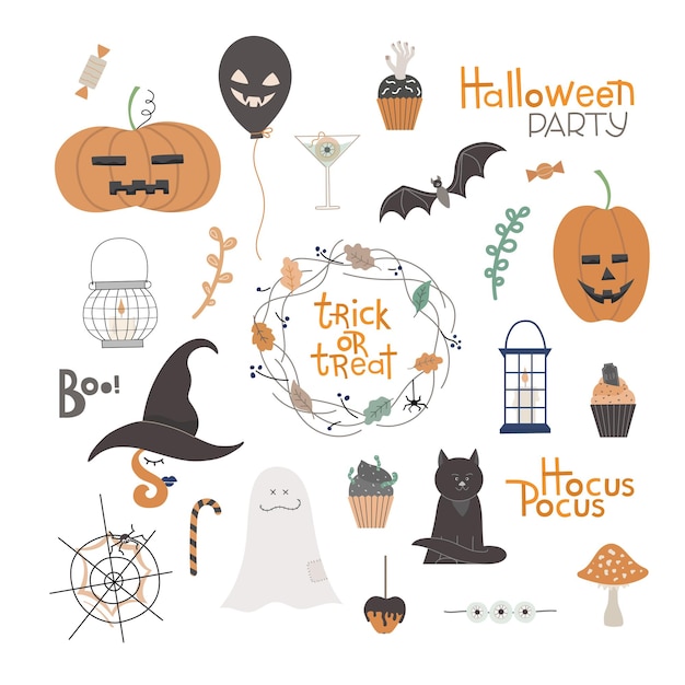 Halloween big set with kitty character,  bat, sweets, various holiday symbols. Hand drawn vector elements for creative design, printable decor, card, banner.