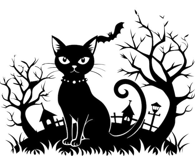 Halloween black cat silhouette design with white background