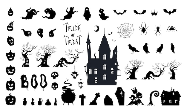 Halloween black silhouette illustrations big vector set