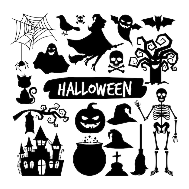 Halloween black silhouettes. Happy halloween vector night icons, bat and skeleton, owl and ghost