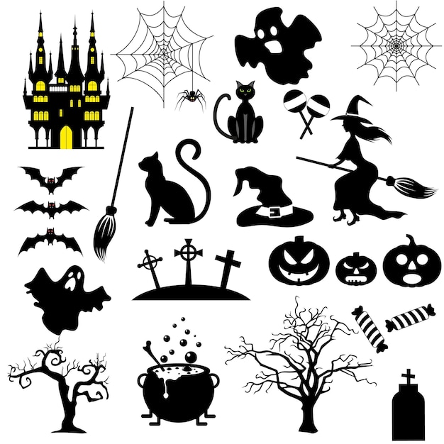 Halloween black and white icons set